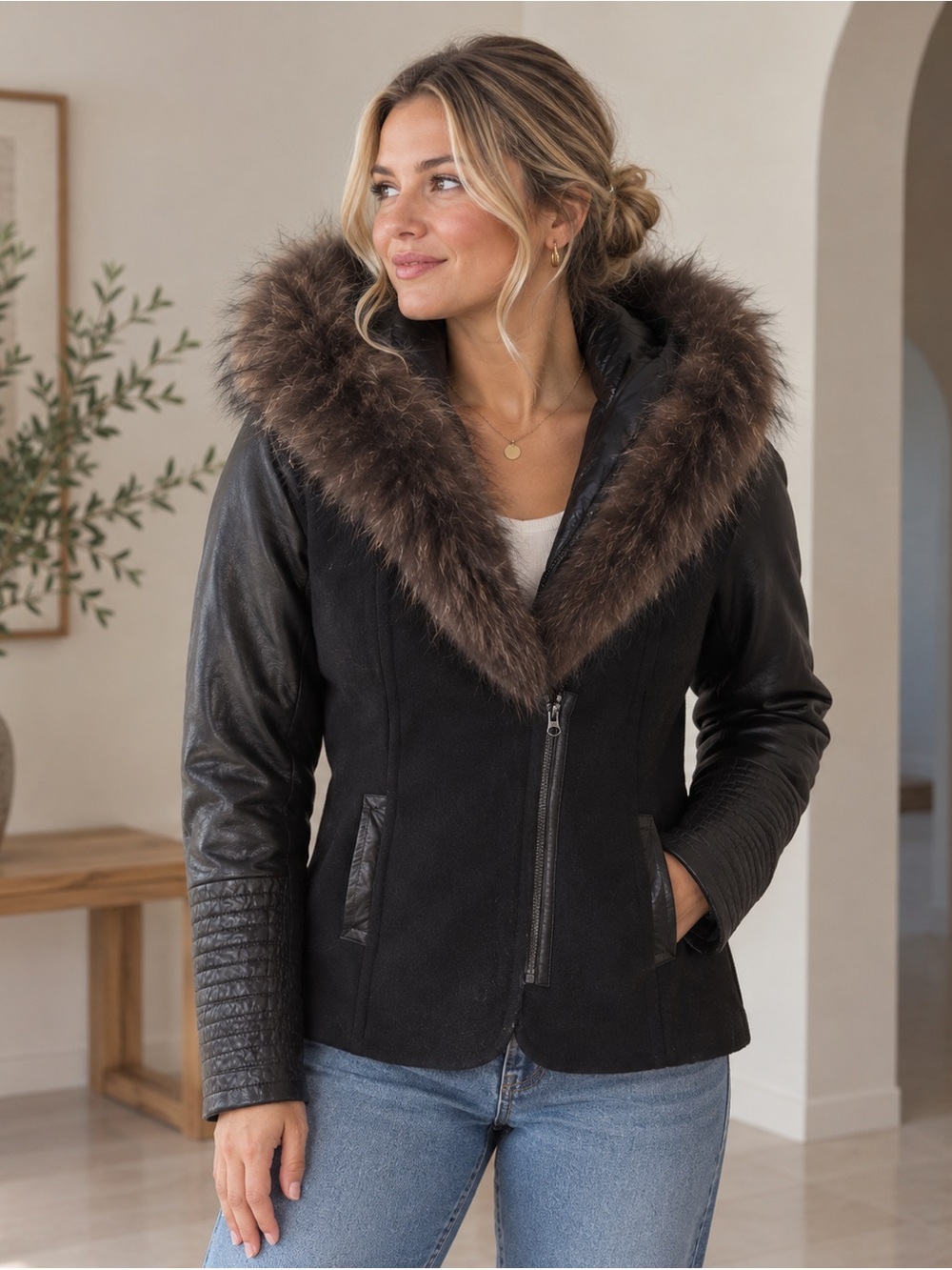 Danier Black Leather & Wool Hooded Coat with Brown Fur Trim XS